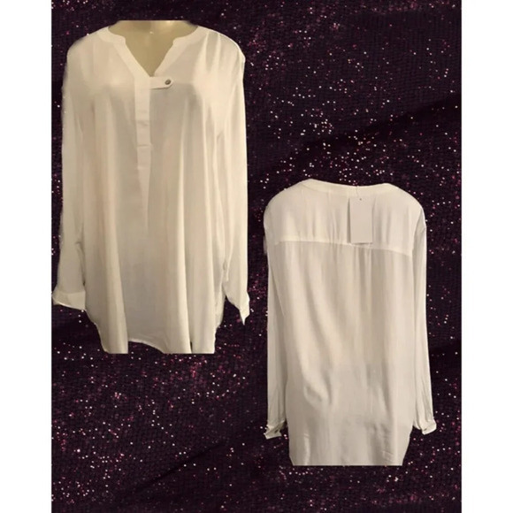 Woman Within Plus 1X-18/20 White Semi-Sheer V- Tab Neckline Long Sleeve Blouse - Picture 1 of 6